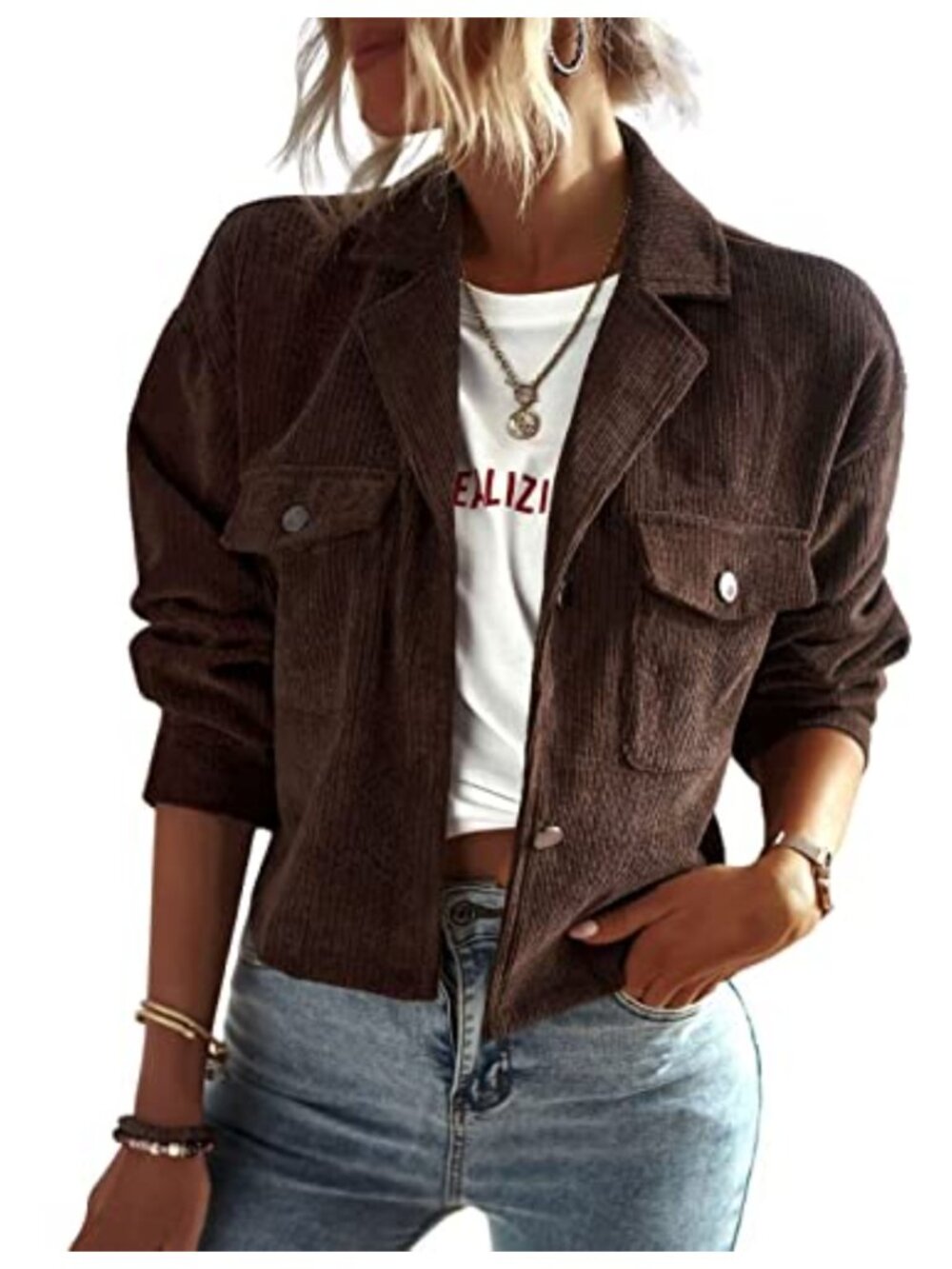 Corduroy Shacket Women's Button Down Long Sleeve Crop Jacket Loose Fit Casual